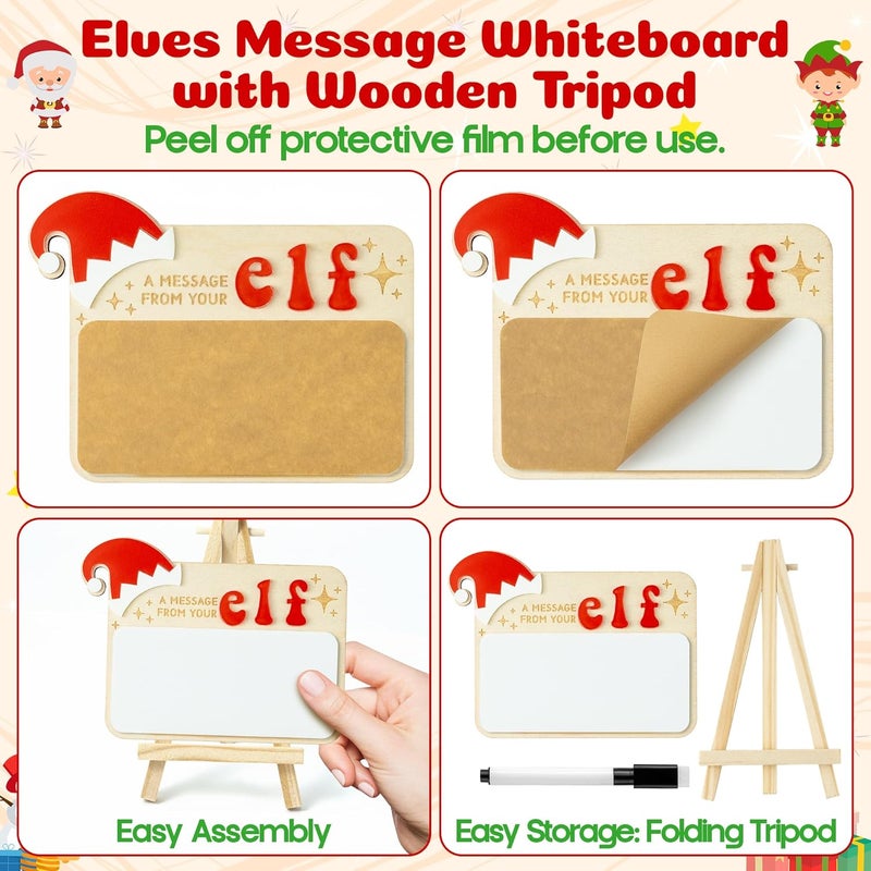 Eartim Christmas Elves Sign - 1Set Elves Message Board with Foldable Wood Tripod Easel Black Marker Dry Erase Whiteboard Home Table Decor Kids Birthday Christmas Gift Holiday Keepsake Xmas Party Favor - Image 4
